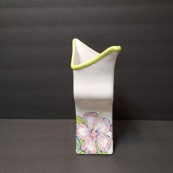 Asymmetrical Ceramic Vase, Tika, Lotus International, Painted Hibiscus Flowers - Picture 2 of 10